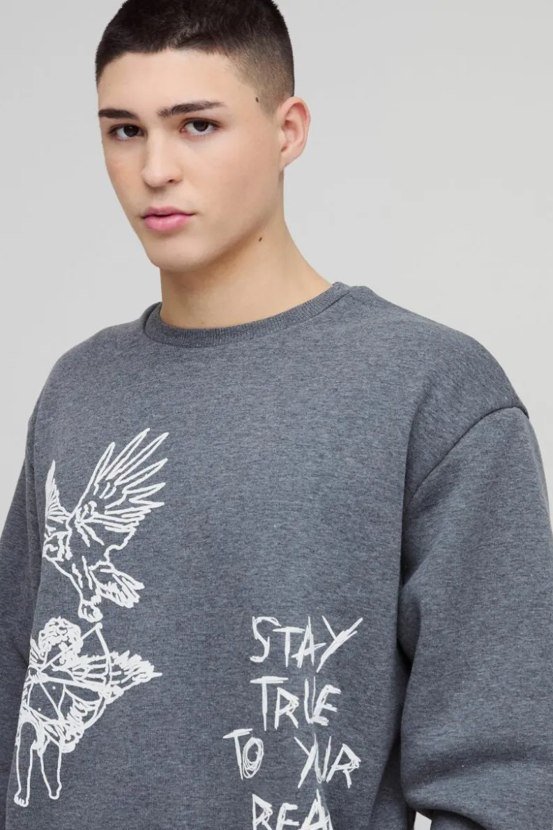 Cheap boohooMAN Oversized Boxy Graffiti Slogan Hoodie charcoal