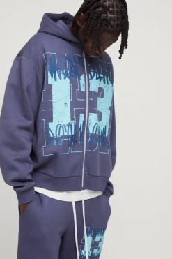 Cheap boohooMAN Oversized Boxy Graffiti 13 Varsity Zip Through Hoodie purple