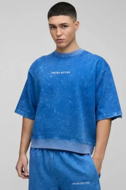 Hot boohooMAN Oversized Boxy Half Sleeve Acid Washed Sweatshirt blue