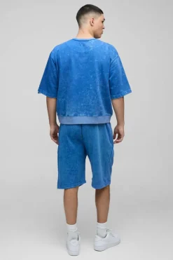 Hot boohooMAN Oversized Boxy Half Sleeve Acid Washed Sweatshirt blue