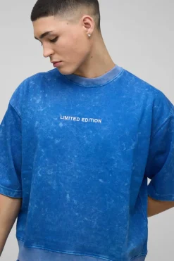 Hot boohooMAN Oversized Boxy Half Sleeve Acid Washed Sweatshirt blue