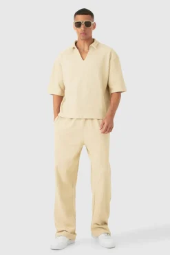 Outlet boohooMAN Oversized Boxy Half Sleeve V Neck Polo And Trouser Set stone