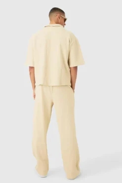 Outlet boohooMAN Oversized Boxy Half Sleeve V Neck Polo And Trouser Set stone