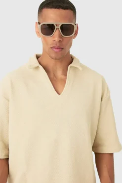 Outlet boohooMAN Oversized Boxy Half Sleeve V Neck Polo And Trouser Set stone
