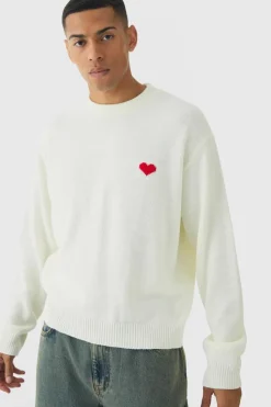 Sale boohooMAN Oversized Boxy Heart Jumper ecru
