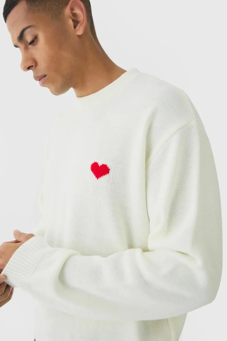 Sale boohooMAN Oversized Boxy Heart Jumper ecru