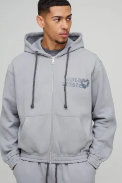 Hot boohooMAN Oversized Boxy Heart Printed Twisted Drawcords Zip Through Hoodie grey marl
