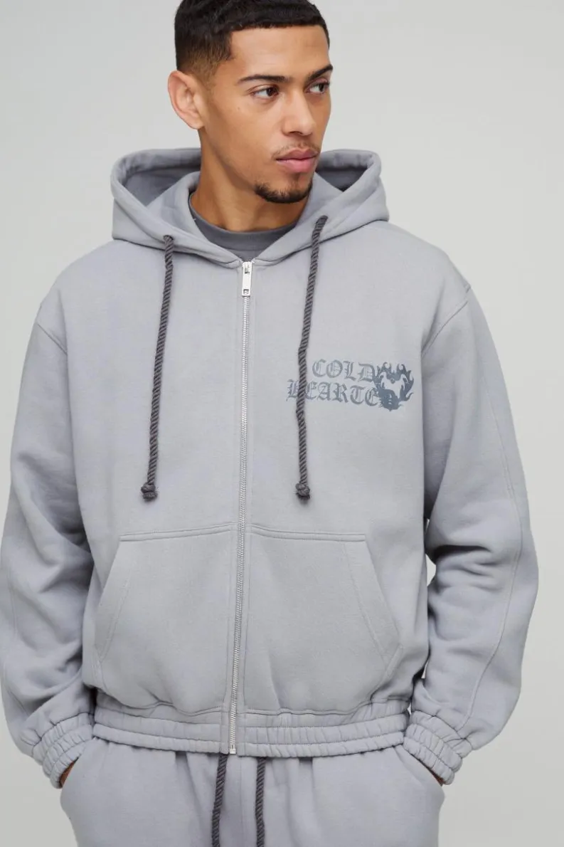 Hot boohooMAN Oversized Boxy Heart Printed Twisted Drawcords Zip Through Hoodie grey marl