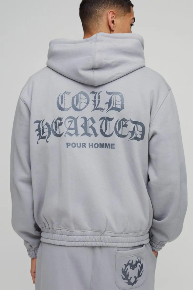 Hot boohooMAN Oversized Boxy Heart Printed Twisted Drawcords Zip Through Hoodie grey marl