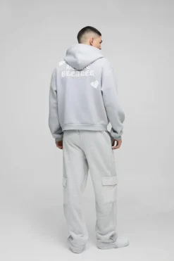 Best Sale boohooMAN Oversized Boxy Hearts Puff Print Zip Through Hoodie grey