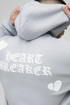 Best Sale boohooMAN Oversized Boxy Hearts Puff Print Zip Through Hoodie grey