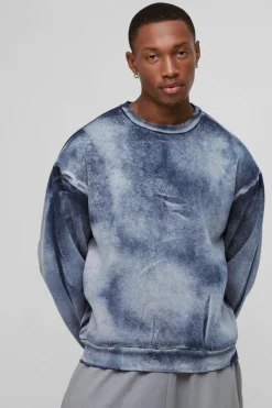 Discount boohooMAN Oversized Boxy Heavy Bleach Wash Sweatshirt blue