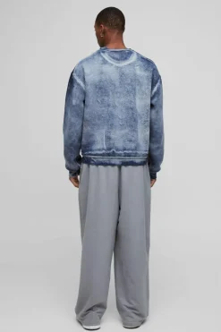 Discount boohooMAN Oversized Boxy Heavy Bleach Wash Sweatshirt blue