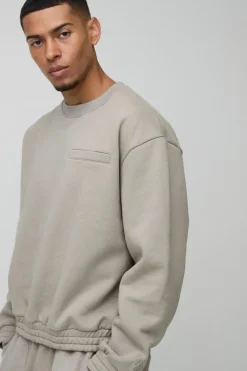 Hot boohooMAN Oversized Boxy Heavyweight 3D Print Pocket Sweatshirt taupe