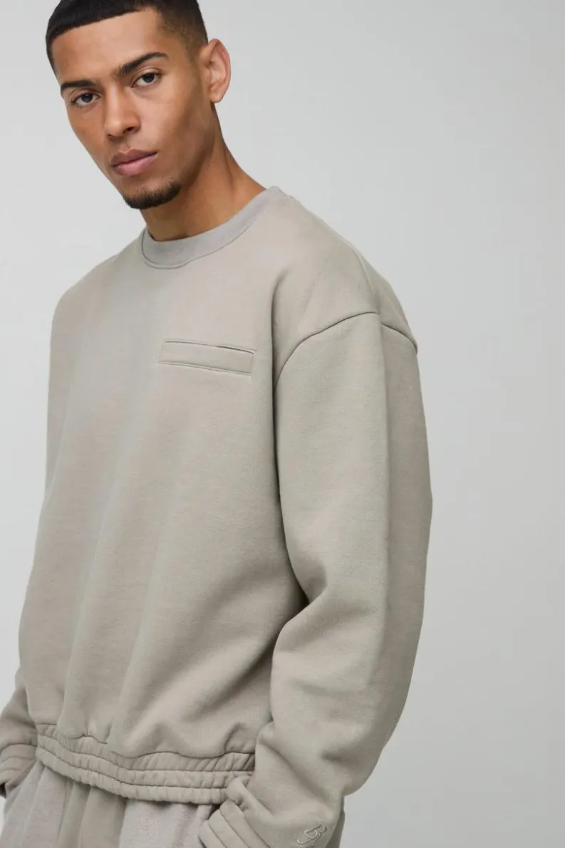 Hot boohooMAN Oversized Boxy Heavyweight 3D Print Pocket Sweatshirt taupe
