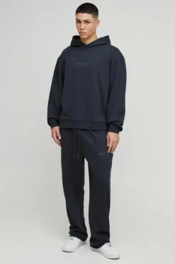 Shop boohooMAN Oversized Boxy Heavyweight Hoodie Tracksuit charcoal