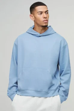 Shop boohooMAN Oversized Boxy Heavyweight Interlock Hoodie dusty blue