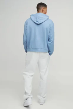 Shop boohooMAN Oversized Boxy Heavyweight Interlock Hoodie dusty blue