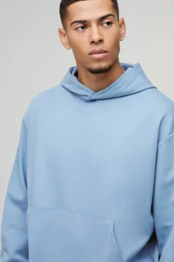Shop boohooMAN Oversized Boxy Heavyweight Interlock Hoodie dusty blue