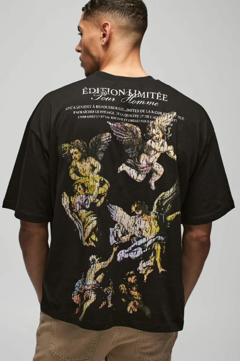Fashion boohooMAN Oversized Boxy Heavyweight Large Scale Renaissance Print T-Shirt black