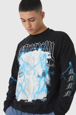 Cheap boohooMAN Oversized Boxy Heavyweight Multi Cherub Print Long Sleeve T-Shirt black