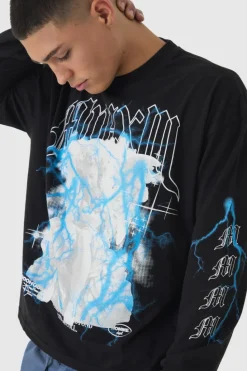 Cheap boohooMAN Oversized Boxy Heavyweight Multi Cherub Print Long Sleeve T-Shirt black