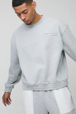 Cheap boohooMAN Oversized Boxy Heavyweight Print Pocket Sweatshirt ash grey