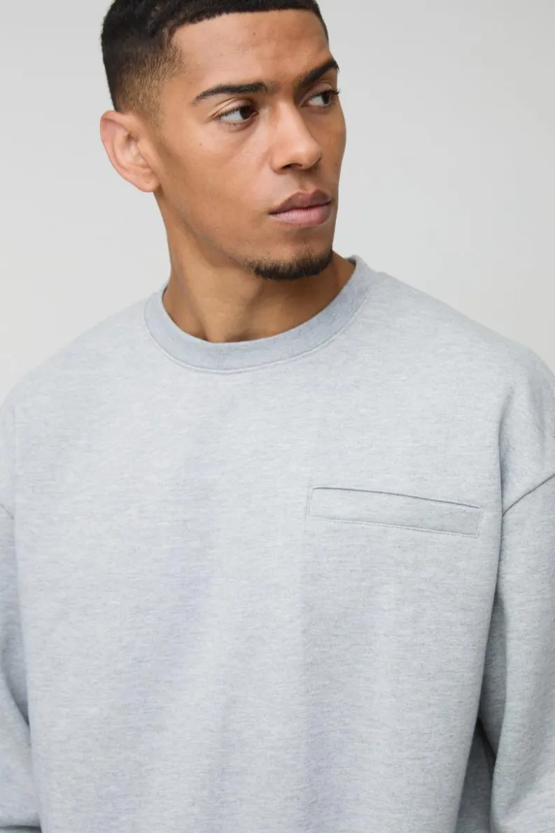 Cheap boohooMAN Oversized Boxy Heavyweight Print Pocket Sweatshirt ash grey