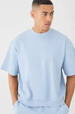 Clearance boohooMAN Oversized Boxy Heavyweight Ribbed Short Sleeve Sweatshirt sky blue
