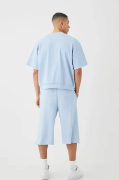 Clearance boohooMAN Oversized Boxy Heavyweight Ribbed Short Sleeve Sweatshirt sky blue