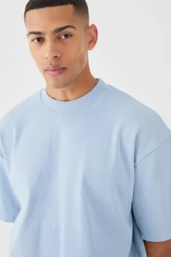 Clearance boohooMAN Oversized Boxy Heavyweight Ribbed Short Sleeve Sweatshirt sky blue