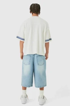 Fashion boohooMAN Oversized Boxy Heavyweight Waffle Varsity T-shirt ecru
