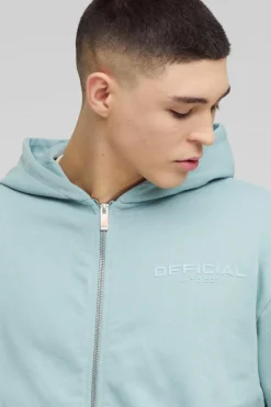 Store boohooMAN Oversized Boxy Heavyweight Zip Through Hoodie dusty blue