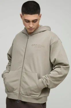 Shop boohooMAN Oversized Boxy Heavyweight Zip Through Hoodie stone