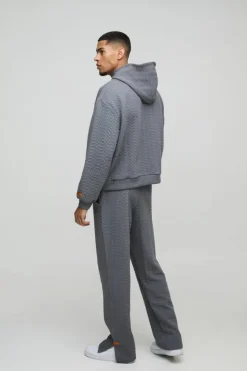 Online boohooMAN Oversized Boxy Herringbone Woven Tab Hooded Tracksuit charcoal