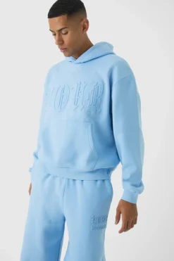 New boohooMAN Oversized Boxy Homme Emboss Tracksuit light blue