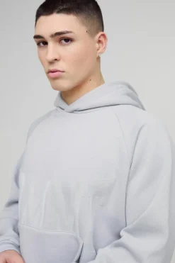 Store boohooMAN Oversized Boxy Homme Flock Print Raglan Hooded Tracksuit grey