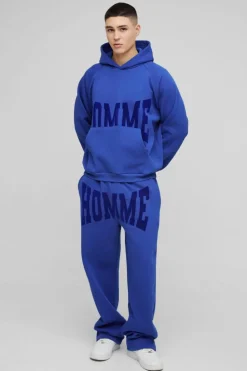 Cheap boohooMAN Oversized Boxy Homme Flock Print Raglan Hooded Tracksuit cobalt