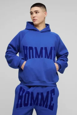 Cheap boohooMAN Oversized Boxy Homme Flock Print Raglan Hooded Tracksuit cobalt