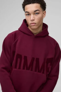Flash Sale boohooMAN Oversized Boxy Homme Flock Print Raglan Hoodie burgundy