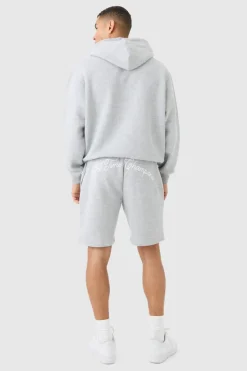 Fashion boohooMAN Oversized Boxy Homme Hooded Short Tracksuit grey