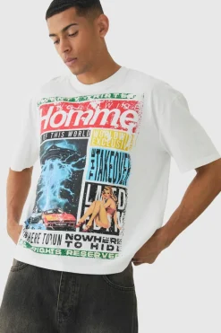 Clearance boohooMAN Oversized Boxy Homme Magazine Graphic T-Shirt white