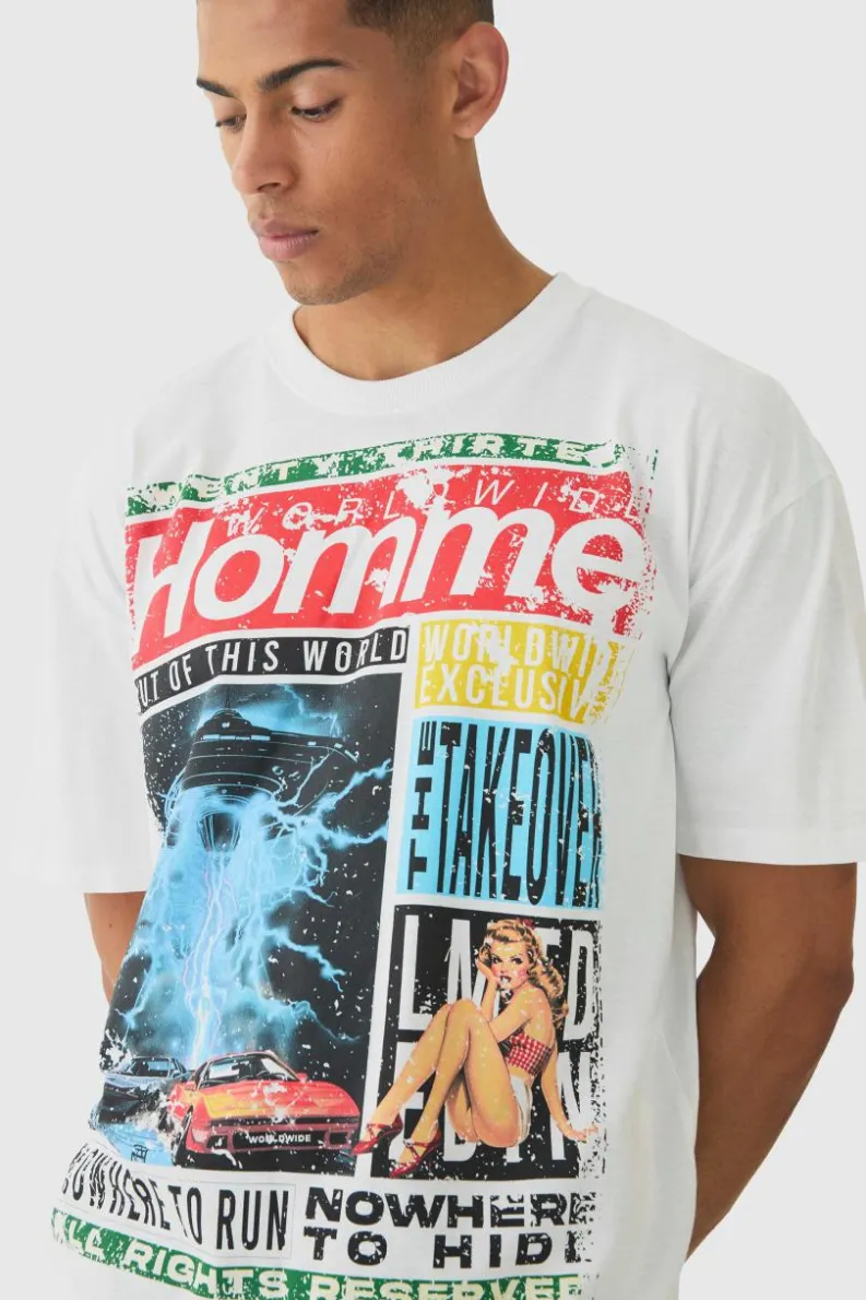 Clearance boohooMAN Oversized Boxy Homme Magazine Graphic T-Shirt white