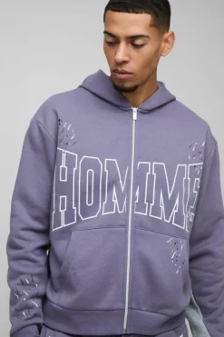 Best Sale boohooMAN Oversized Boxy Homme Paint Splatter Homme Zip Through Tracksuit purple