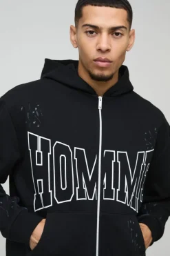Flash Sale boohooMAN Oversized Boxy Homme Paint Splatter Homme Zip Through Tracksuit black