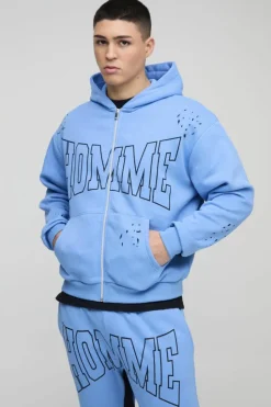 Discount boohooMAN Oversized Boxy Homme Paint Splatter Zip Through Hoodie cobalt