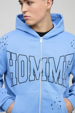 Discount boohooMAN Oversized Boxy Homme Paint Splatter Zip Through Hoodie cobalt