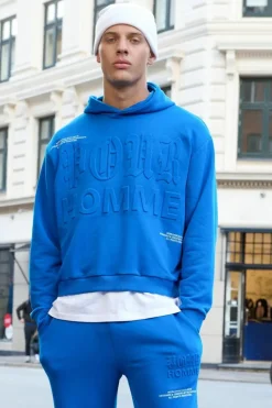 Discount boohooMAN Oversized Boxy Homme Printed Embossed Hoodie cobalt
