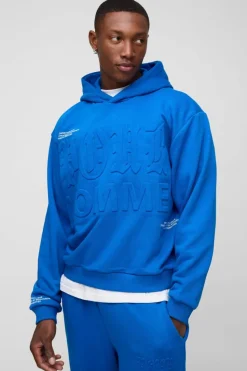 Discount boohooMAN Oversized Boxy Homme Printed Embossed Hoodie cobalt