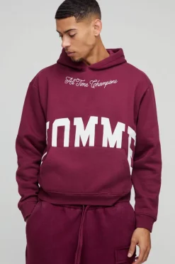 Sale boohooMAN Oversized Boxy Homme Printed Hoodie burgundy